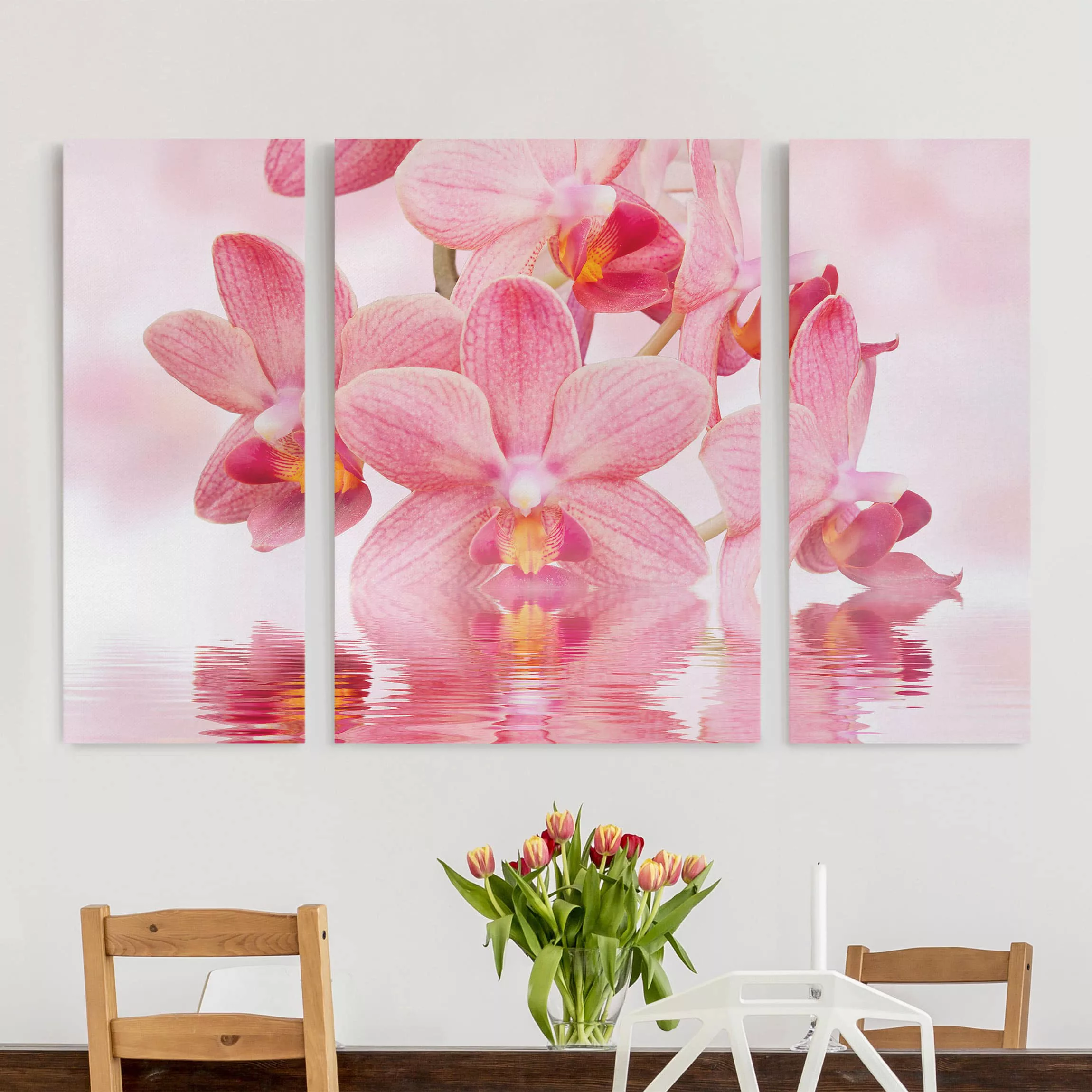 3-teiliges Leinwandbild Blumen - Querformat Rosa Orchideen auf Wasser günstig online kaufen