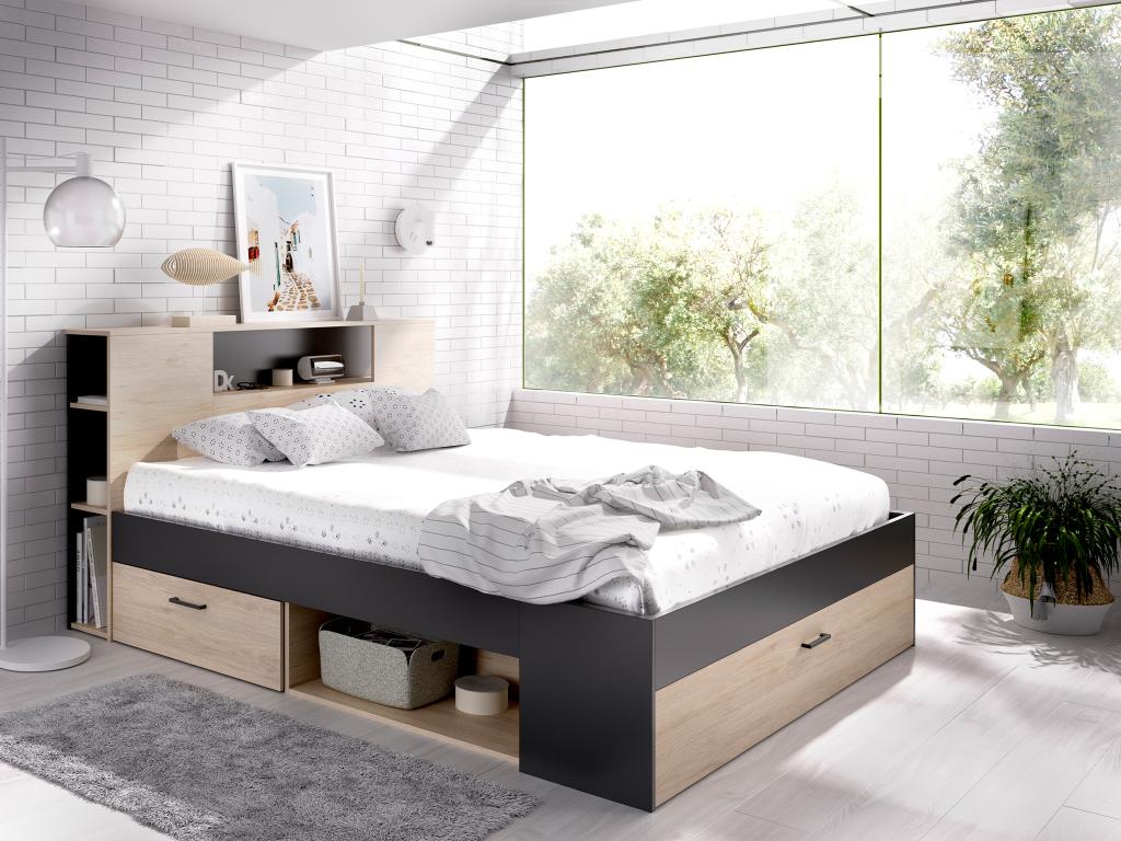 Bett mit Kopfteil, Stauraum & Schubladen - 180 x 200 cm - Holzfarben & Anth günstig online kaufen