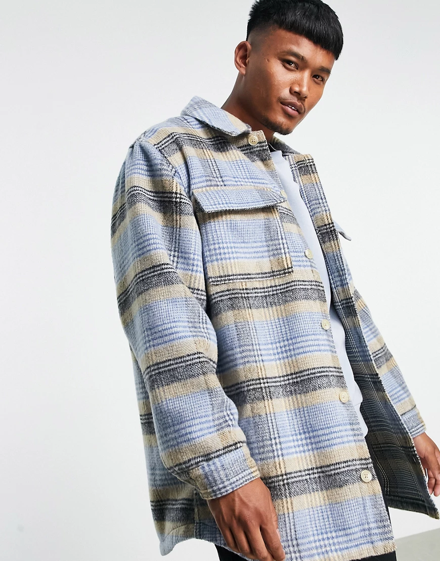 ASOS DESIGN – Hemdjacke aus einer Wollmischung in Blau und Ecru kariert günstig online kaufen
