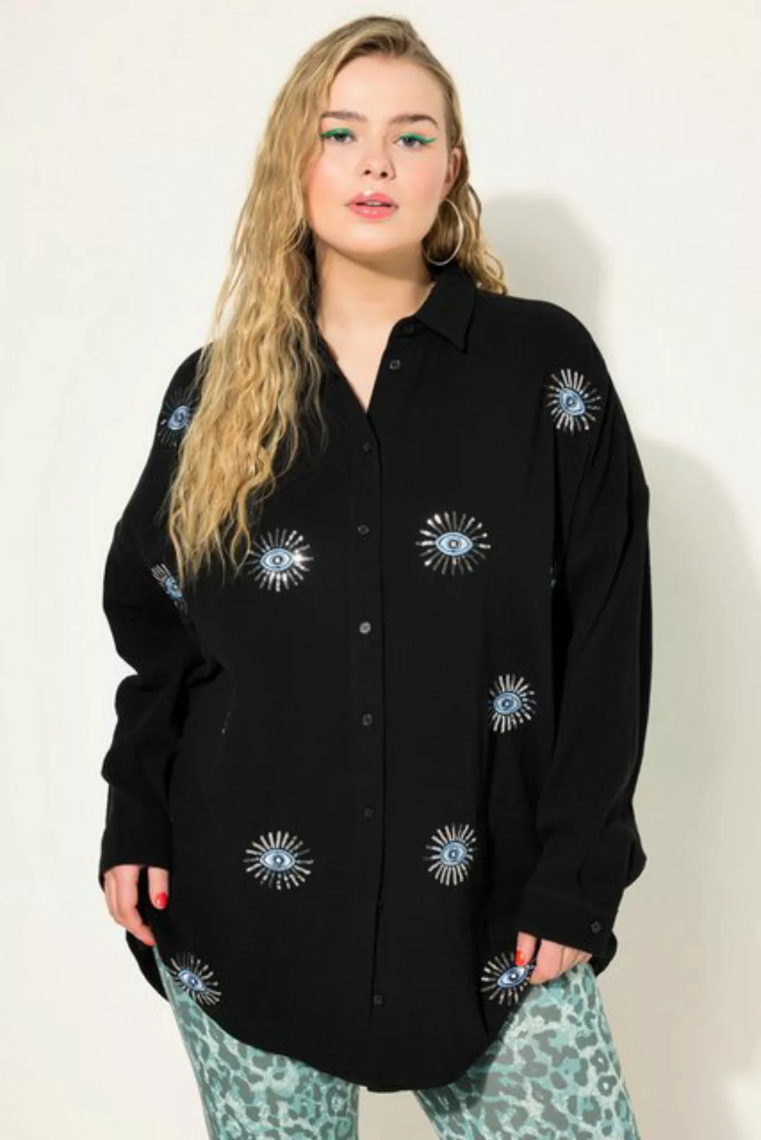 Studio Untold Hemdbluse Bluse oversized Musselin Augen-Stickerei Langarm günstig online kaufen