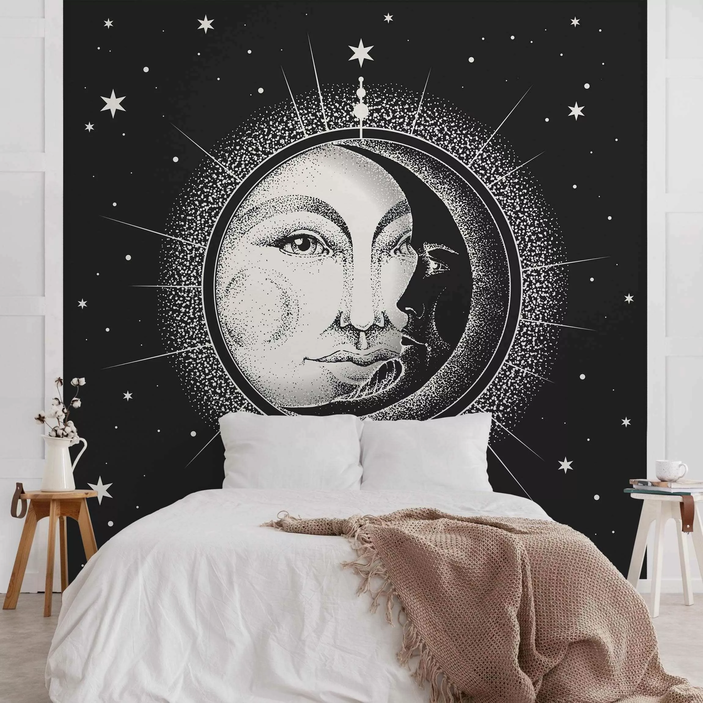Fototapete Vintage Sonne und Mond Illustration günstig online kaufen