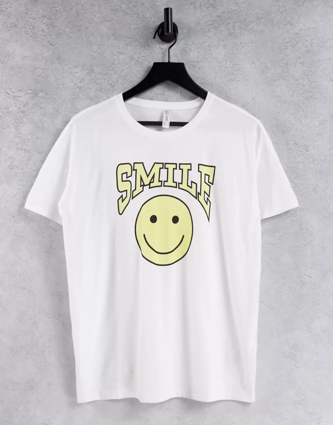 Only – T-Shirt in Weiß mit Smile-Print günstig online kaufen