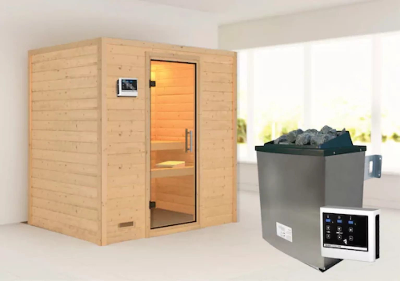 Karibu Sauna »"Sonja" mit Klarglastür Ofen 9 KW externe Strg modern« günstig online kaufen
