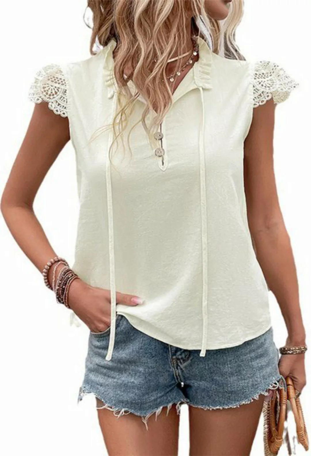 SEGUEN T-Shirt Elegantes Damen-Kurzarmshirt mit Spitzenärmeln (Spitzenbündc günstig online kaufen