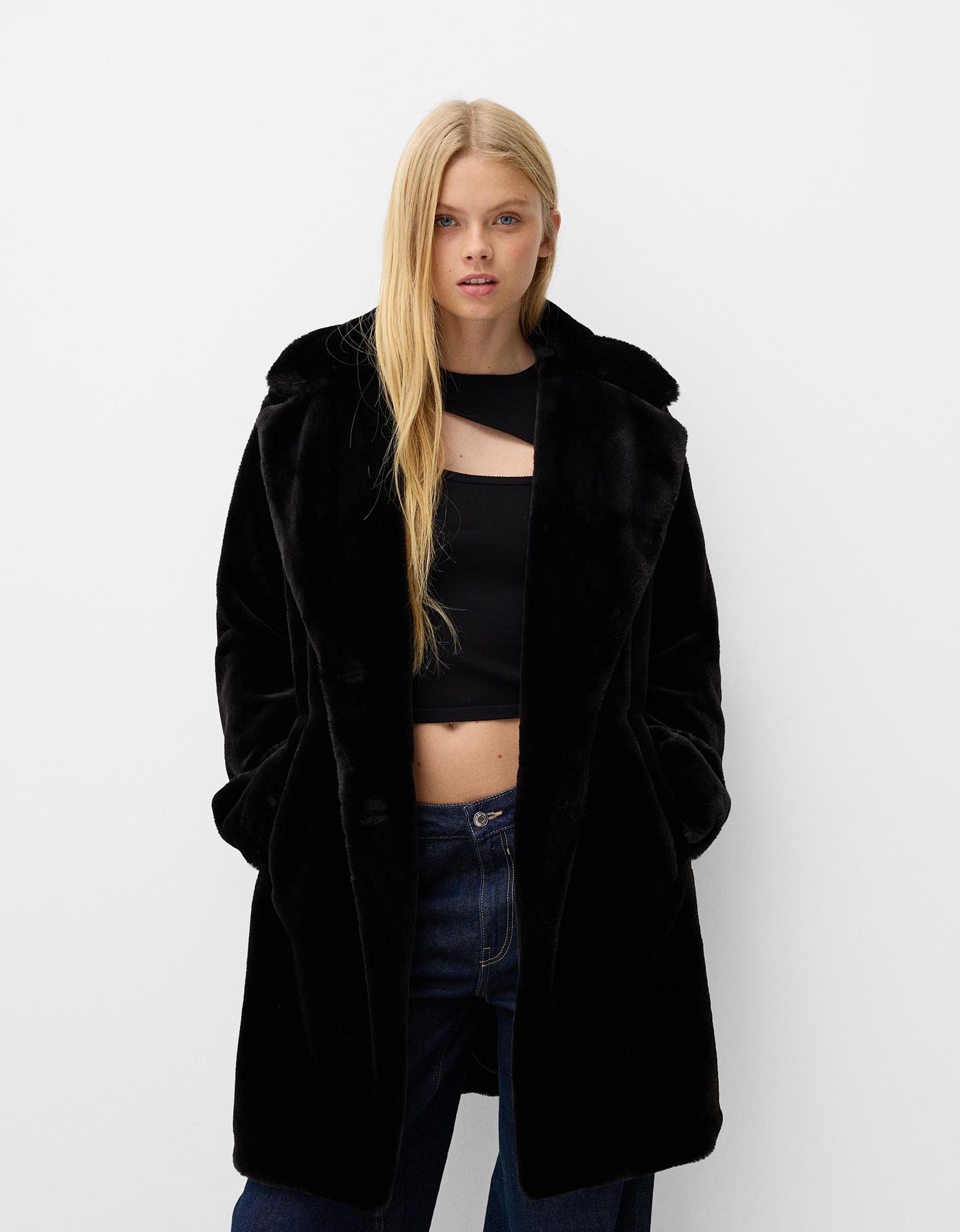 Bershka Fellmantel Damen L Schwarz günstig online kaufen