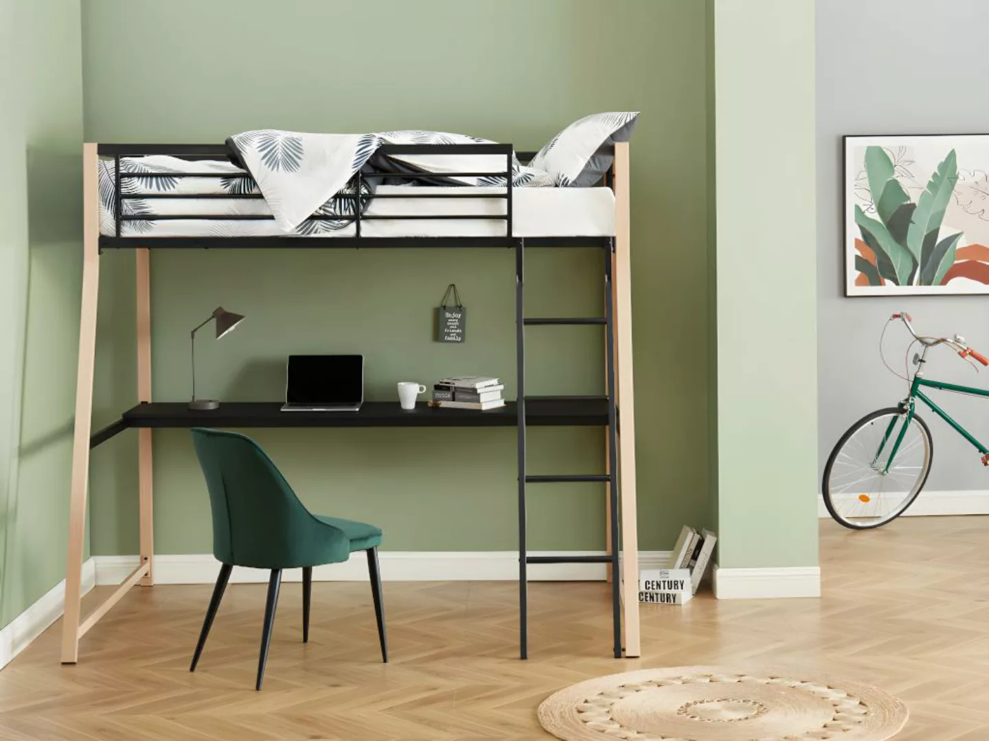 Hochbett mit Schreibtisch - 90 x 190 cm - Schwarz & Eichefarben - MALICIA günstig online kaufen