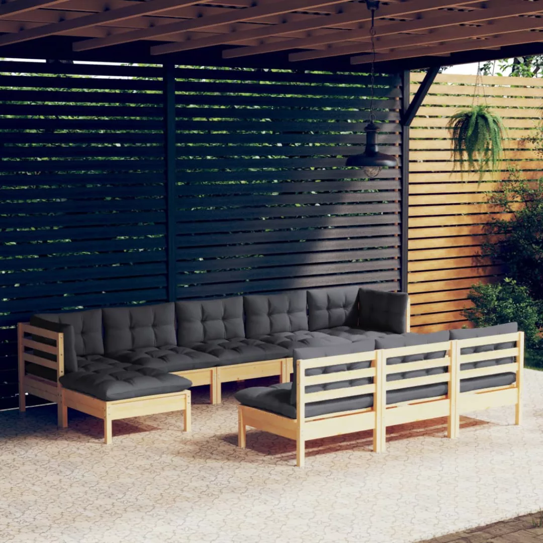 10-tlg. Garten-lounge-set Mit Grauen Kissen Kiefernholz günstig online kaufen