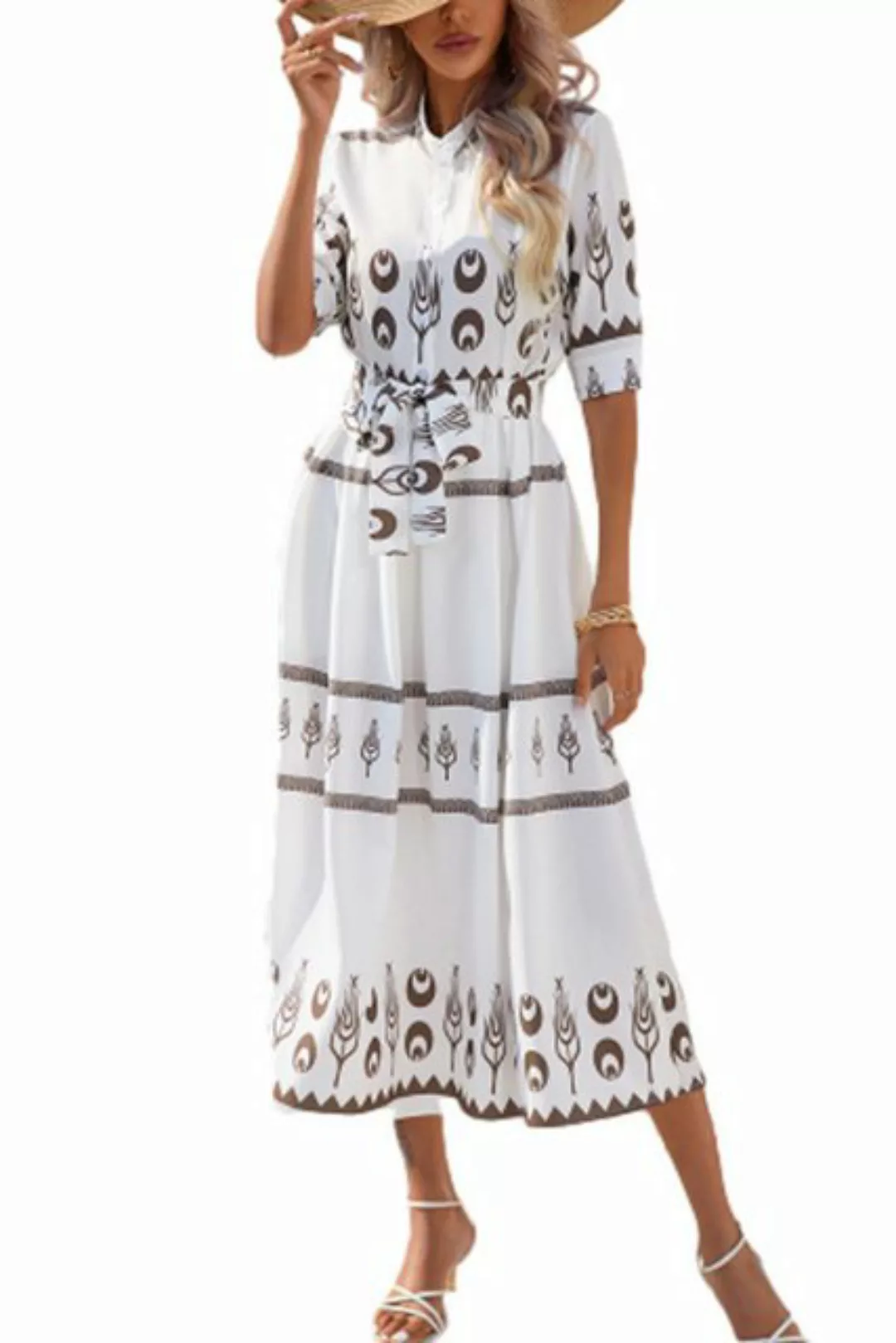 ENIX Dirndl Kleid im Bohemian-Stil 3/4-Ärmel Stehkragen Knopfleiste Elegant günstig online kaufen