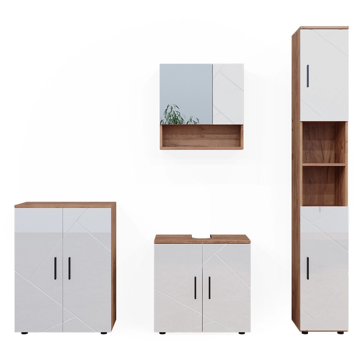 Vicco Badmöbel-Set Irma Eiche/Weiß Hochglanz 4 Teile mit Hochschrank und Ko günstig online kaufen