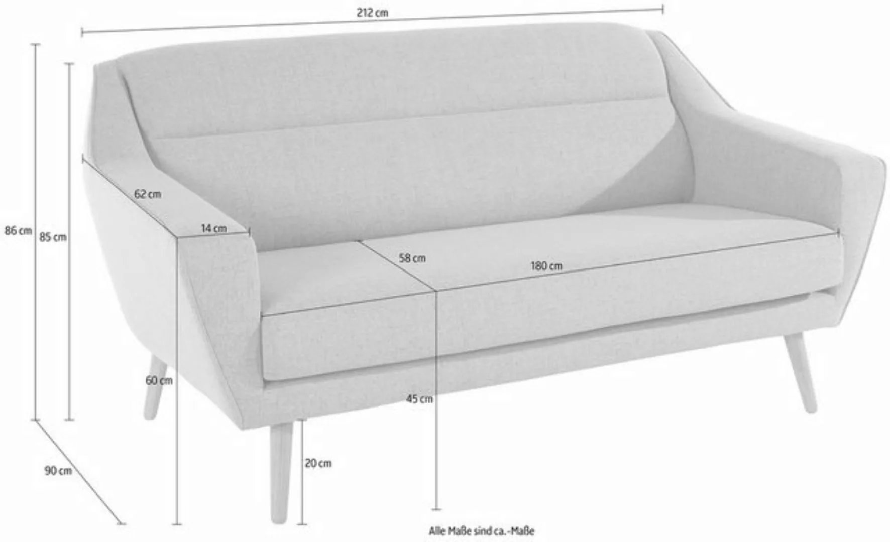 andas 2-Sitzer "Bille", mit Naht im Rückenkissen und Eiche-Beinen, Design b günstig online kaufen