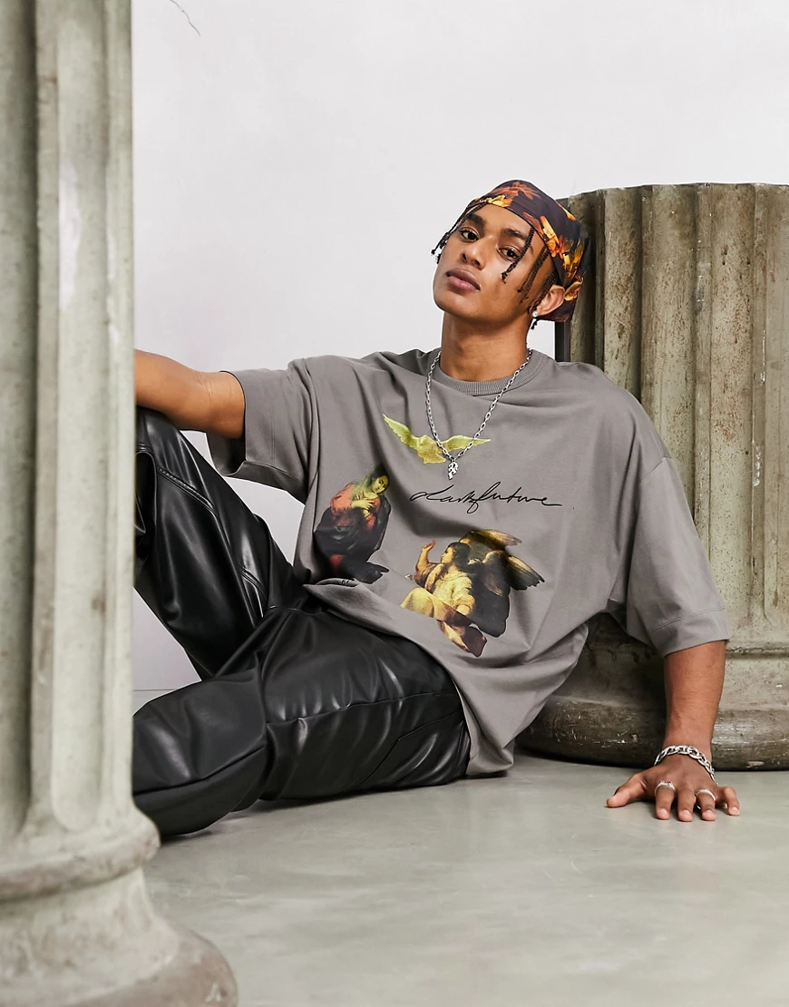 ASOS – Dark Future – Oversize-T-Shirt in Dunkelgrau mit Grafikprint auf der günstig online kaufen