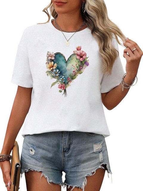 PYL Kurzarmshirt Damen Sommer Casual T-Shirt mit Blumen und Herz Print Tee günstig online kaufen