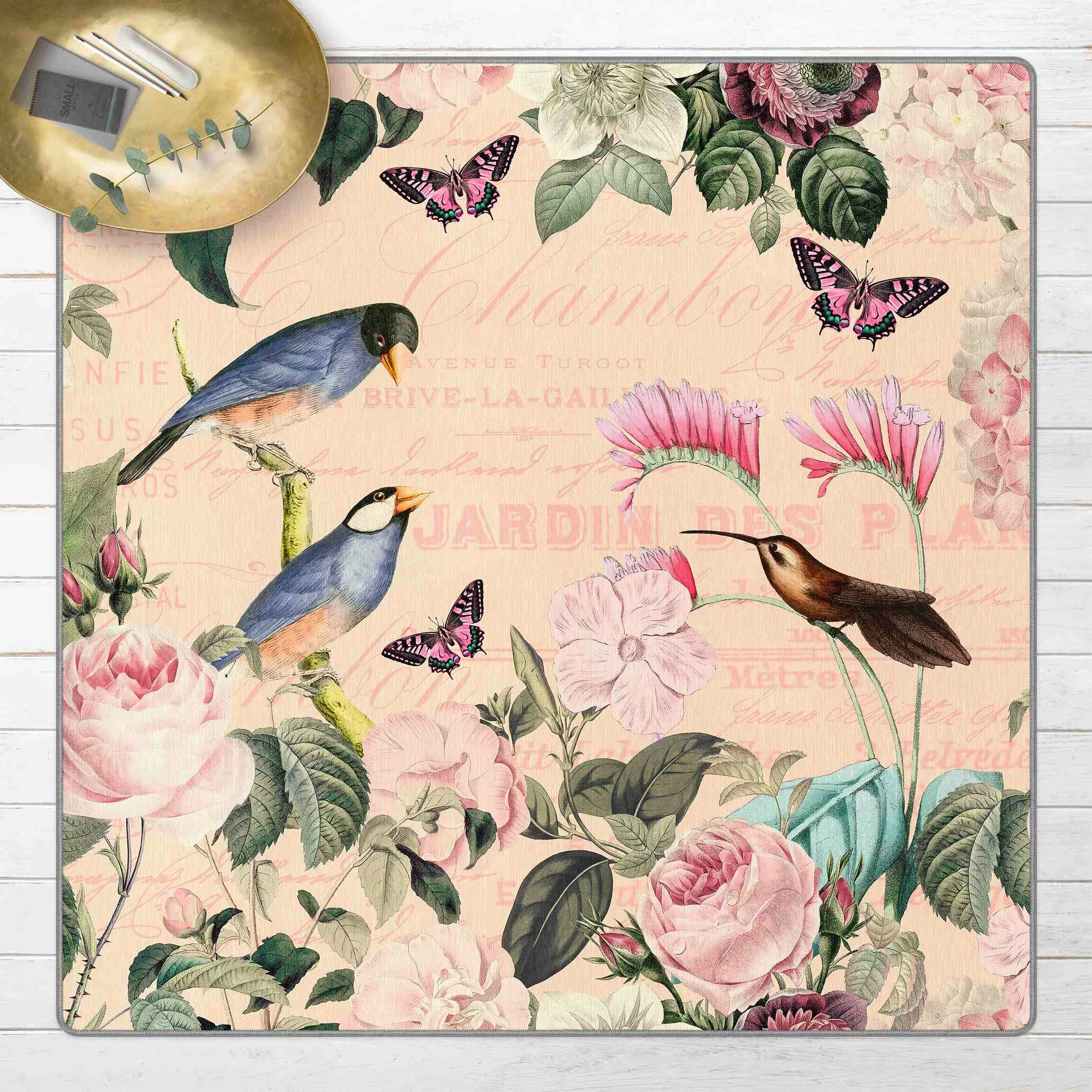 Teppich Vintage Collage - Rosen und Vögel günstig online kaufen