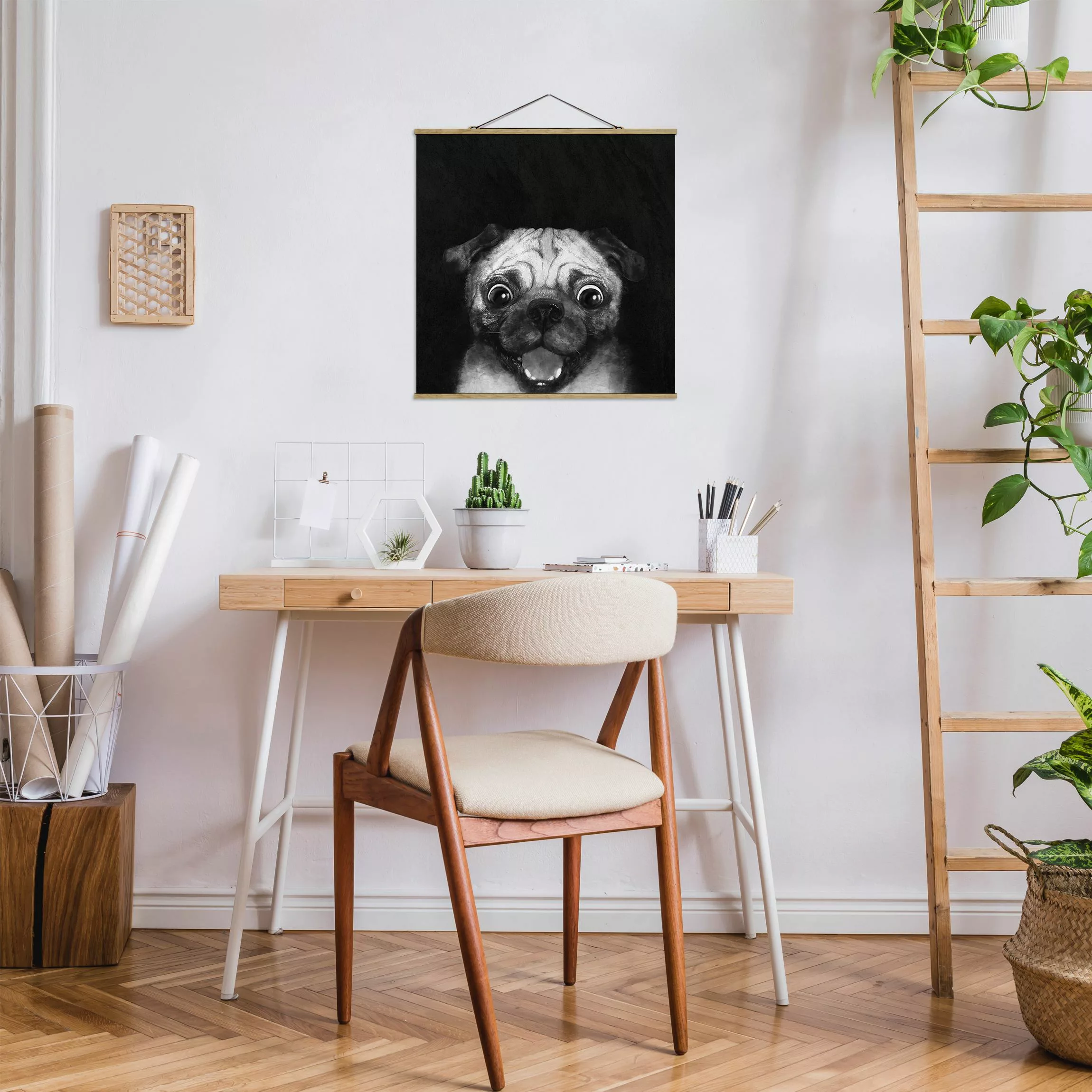 Stoffbild Tiere mit Posterleisten - Quadrat Illustration Hund Mops Malerei günstig online kaufen