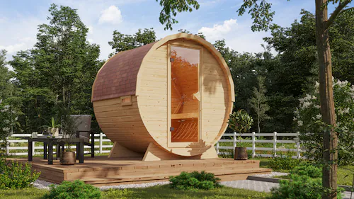 KONIFERA Fasssauna »Lathy L«, 9-kW-Ofen mit integrierter Steuerung günstig online kaufen