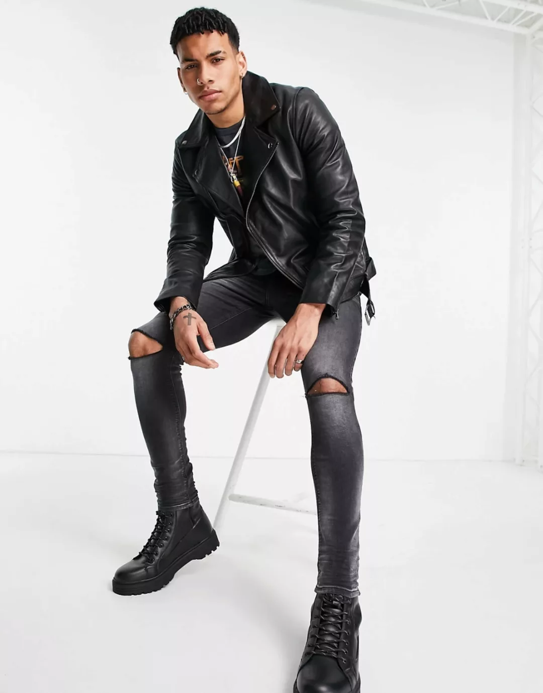 Topman – Biker-Jacke aus Leder in Schwarz günstig online kaufen