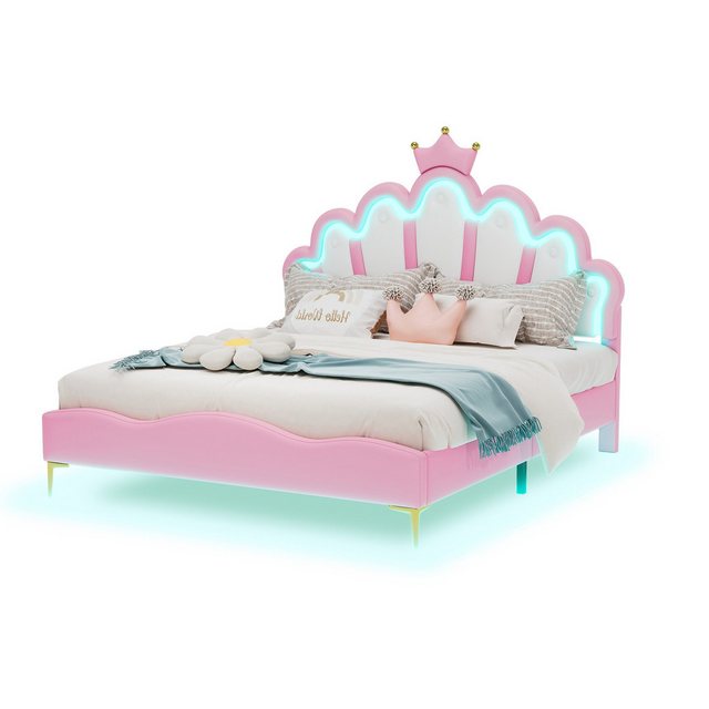 Odikalo Kinderbett Jugendbett Polsterbett Kronenform Leder LED-Licht Rosa/W günstig online kaufen