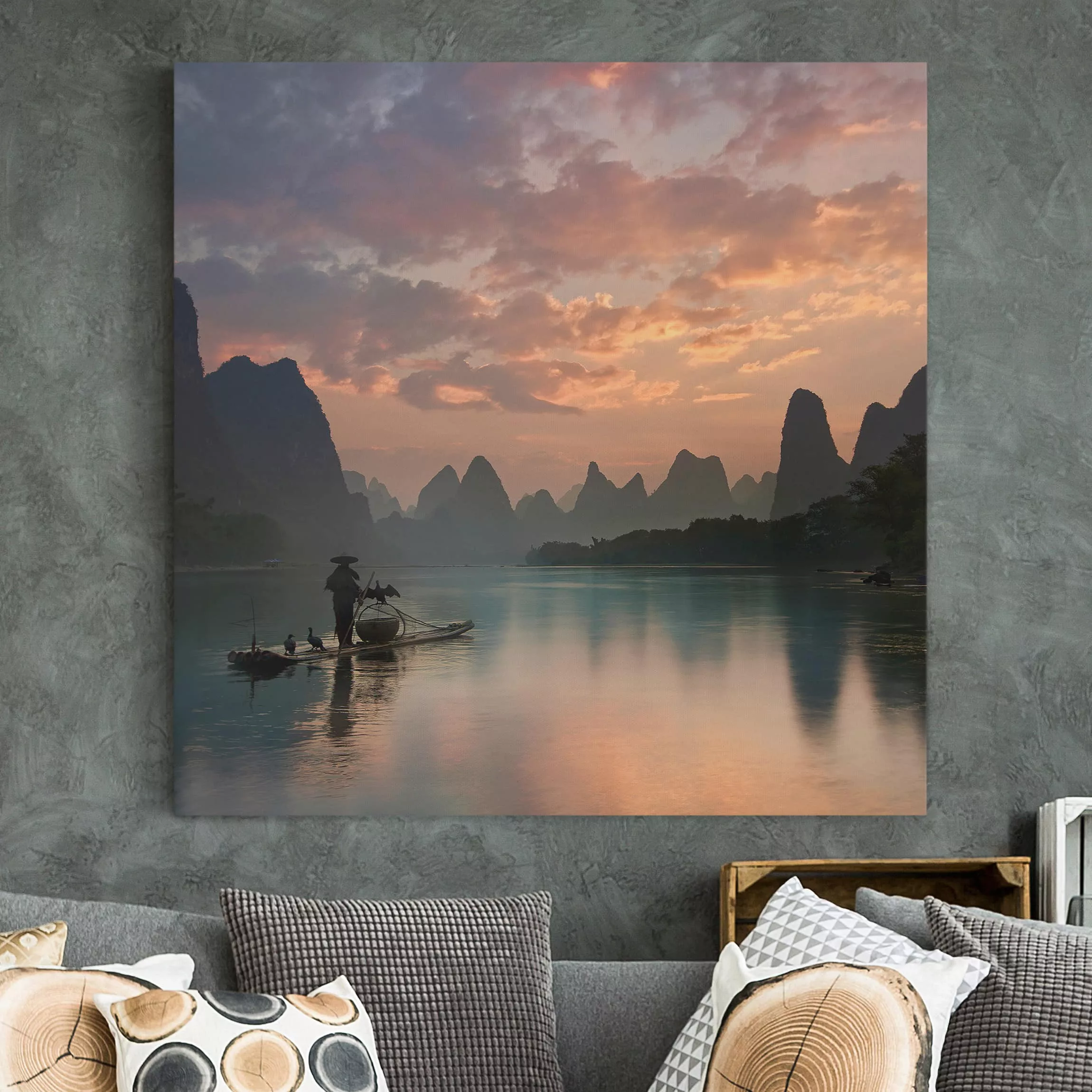 Leinwandbild Sonnenuntergang - Quadrat Sonnenaufgang über chinesischem Flus günstig online kaufen