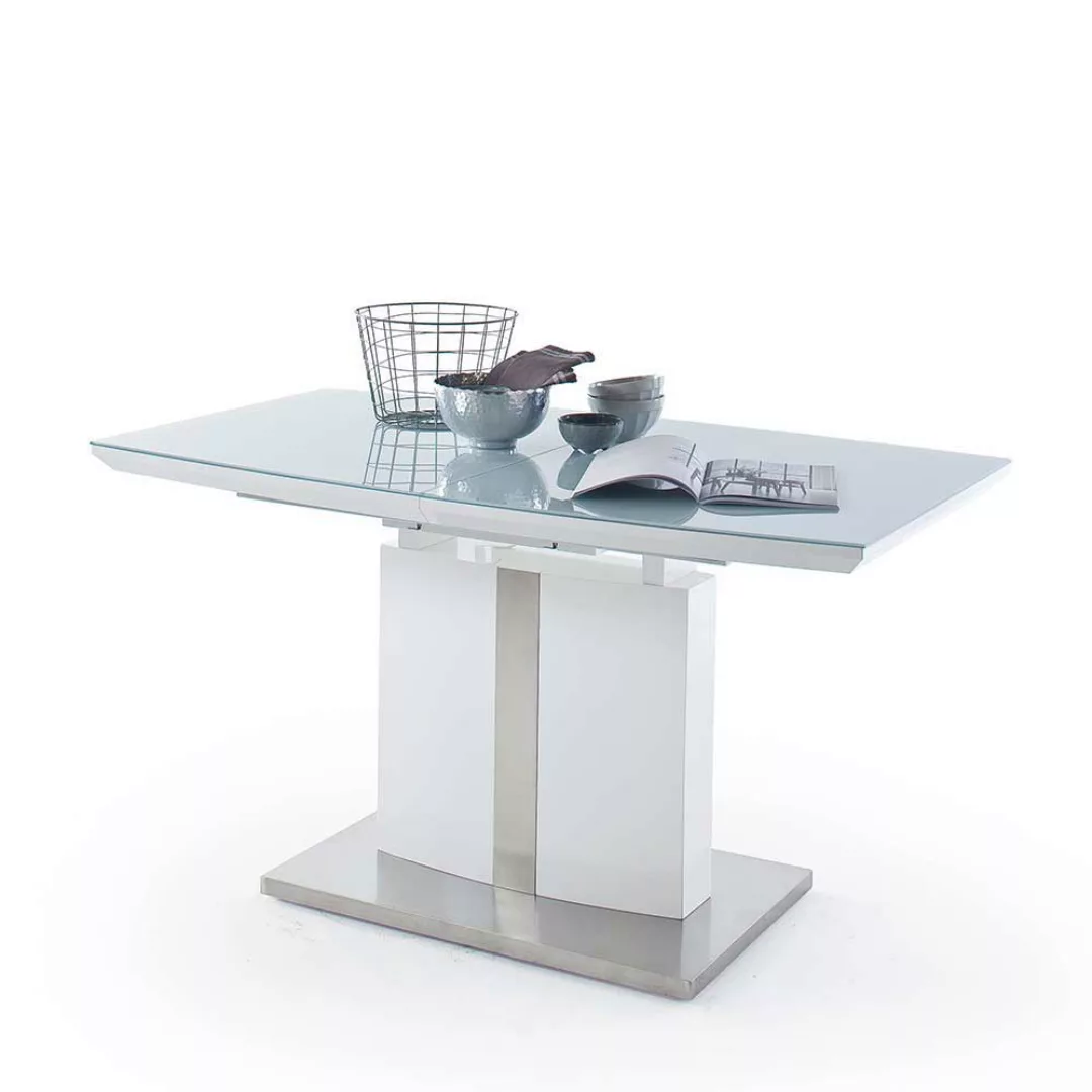 Ausziehbarer Säulen Esstisch mit Glas beschichtet Weiß Hochglanz günstig online kaufen