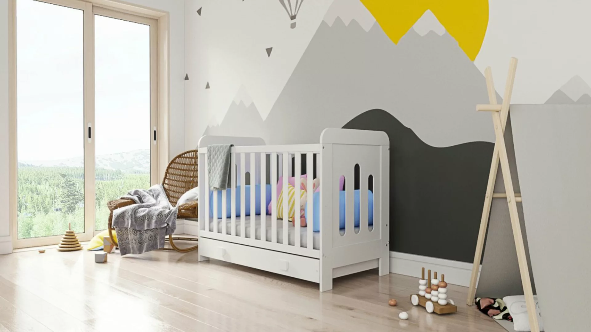 thematys Babybett 60x120cm Weiß höhenverstellbar Kinderbett mit Schublade K günstig online kaufen