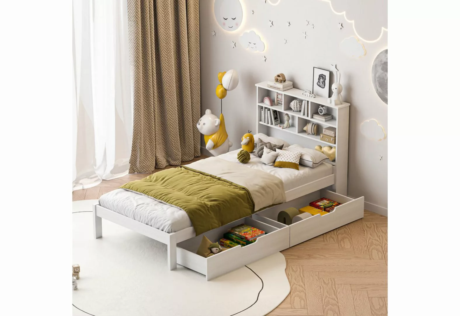 FUROKOY Holzbett Einzelbett 90x200 cm, Holzbett,Kopfteil mit Bücherregal, ( günstig online kaufen