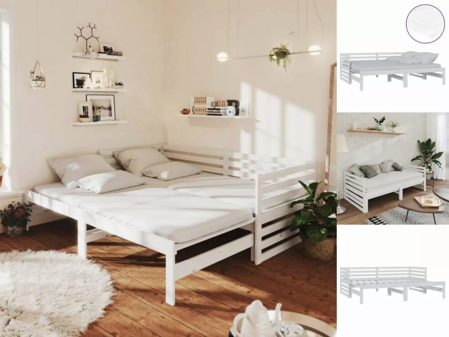 vidaXL Bettgestell Ausziehbares Tagesbett Gästebett 2x90x200 cm Weiß Massiv günstig online kaufen