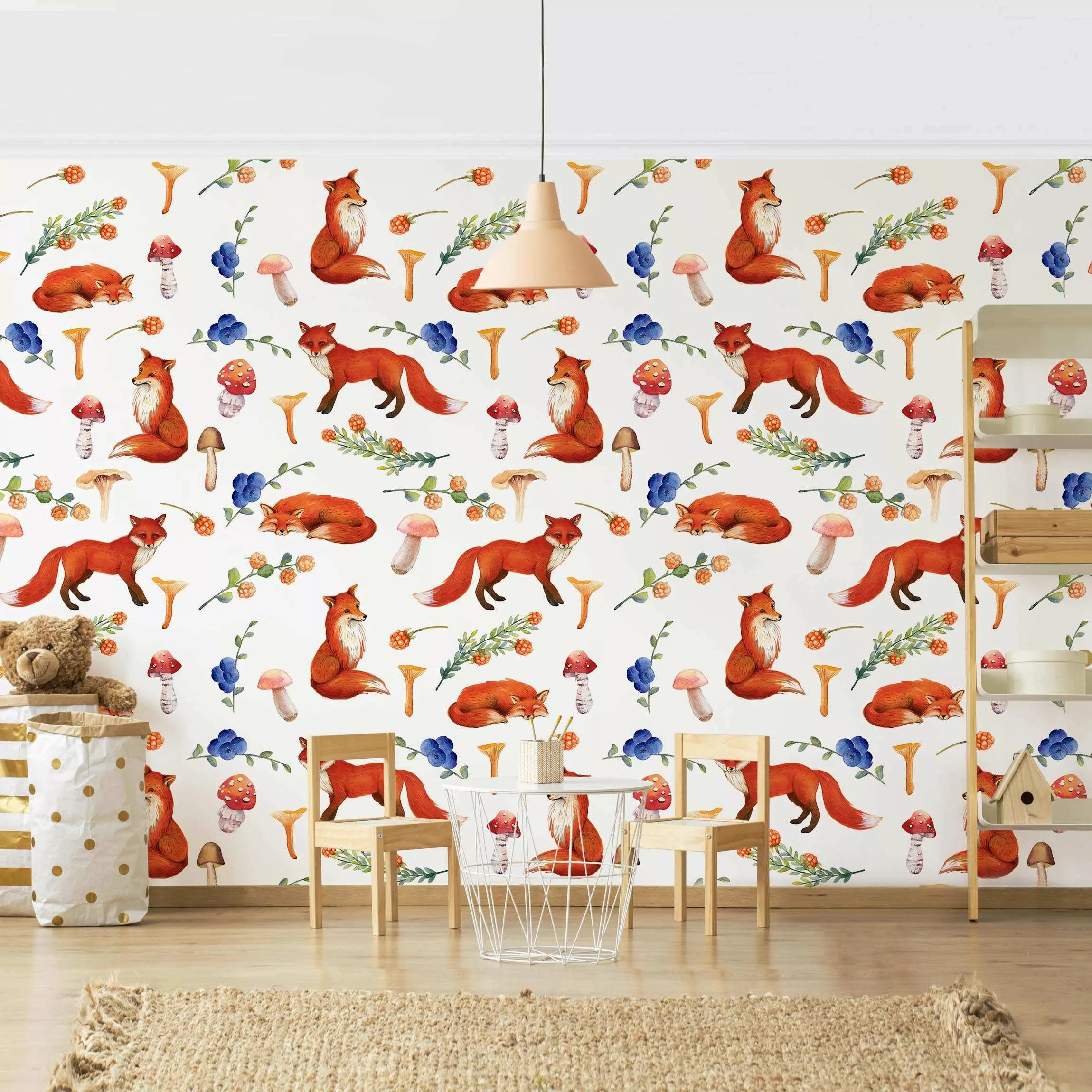 Bilderwelten Mustertapete Fuchs mit Pilzen Illustration rot Gr. 192 x 192 günstig online kaufen