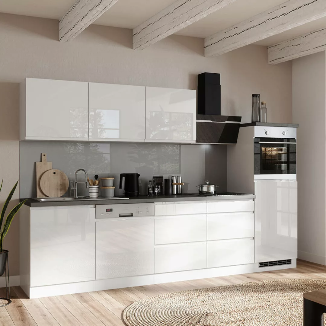 Küchenzeile 300 cm, inkl. E-Geräte, in Hochglanz weiß, Arbeitsplatte Betono günstig online kaufen