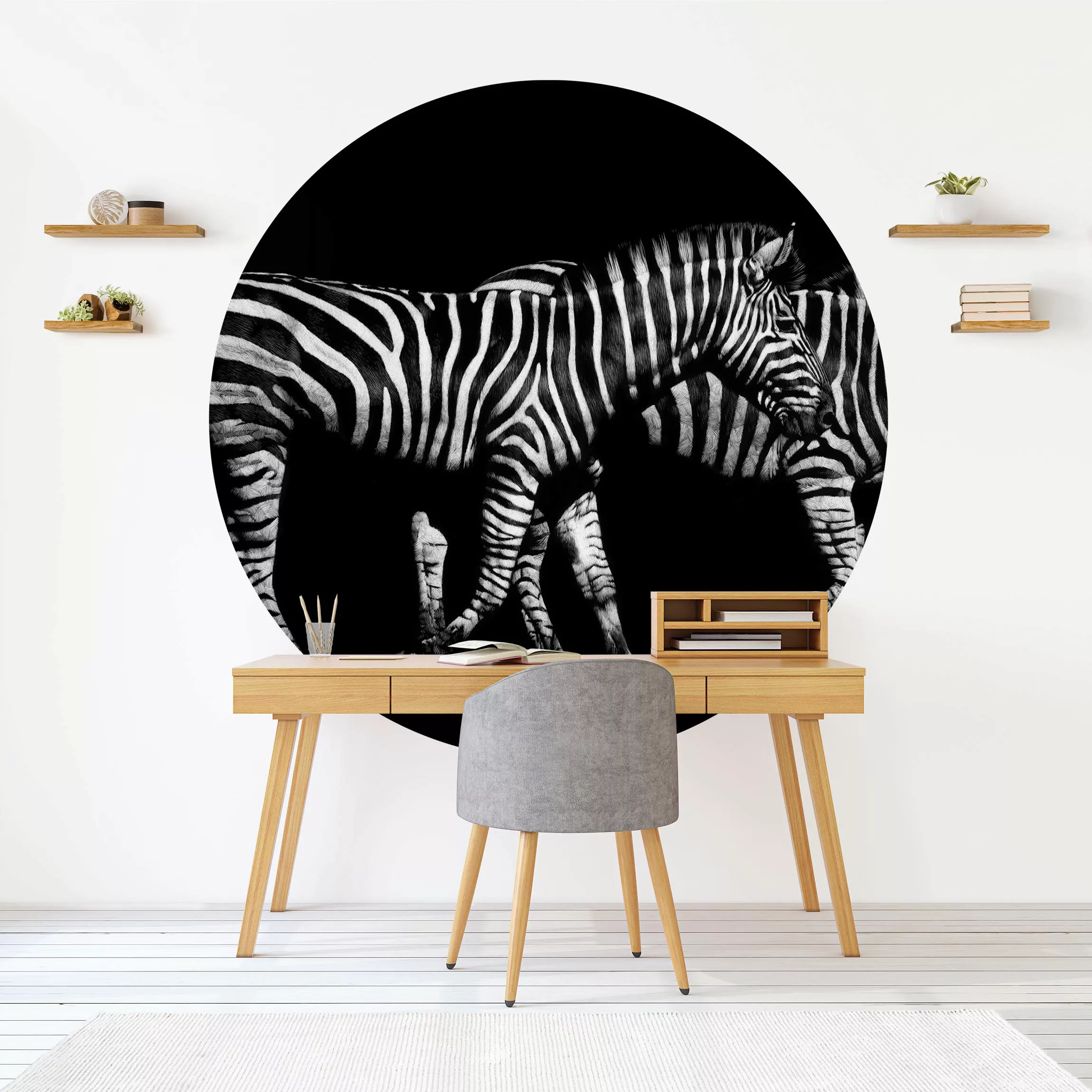 Runde Fototapete selbstklebend Zebra vor Schwarz günstig online kaufen