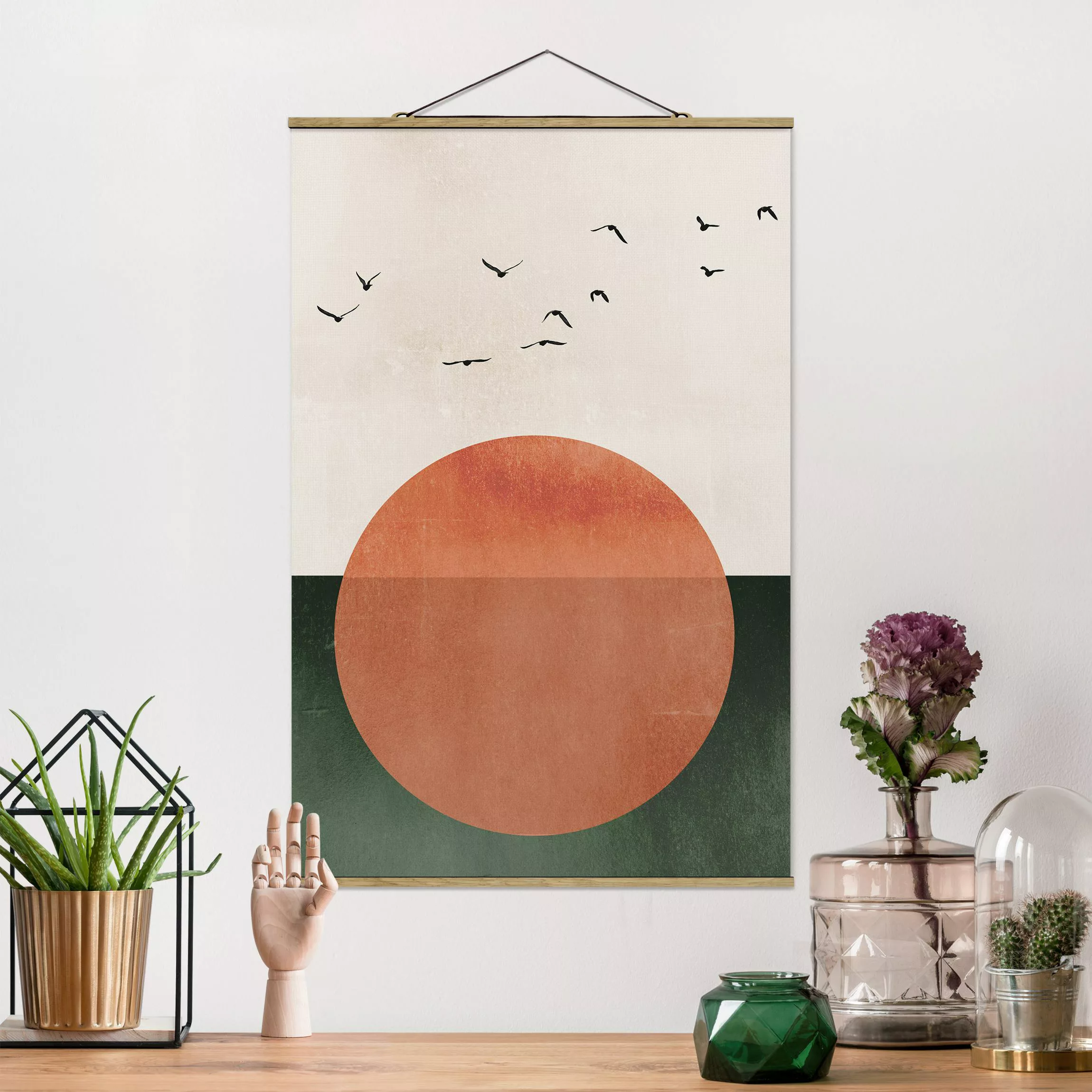 Stoffbild mit Posterleisten Vogelschwarm vor aufgehender Sonne günstig online kaufen
