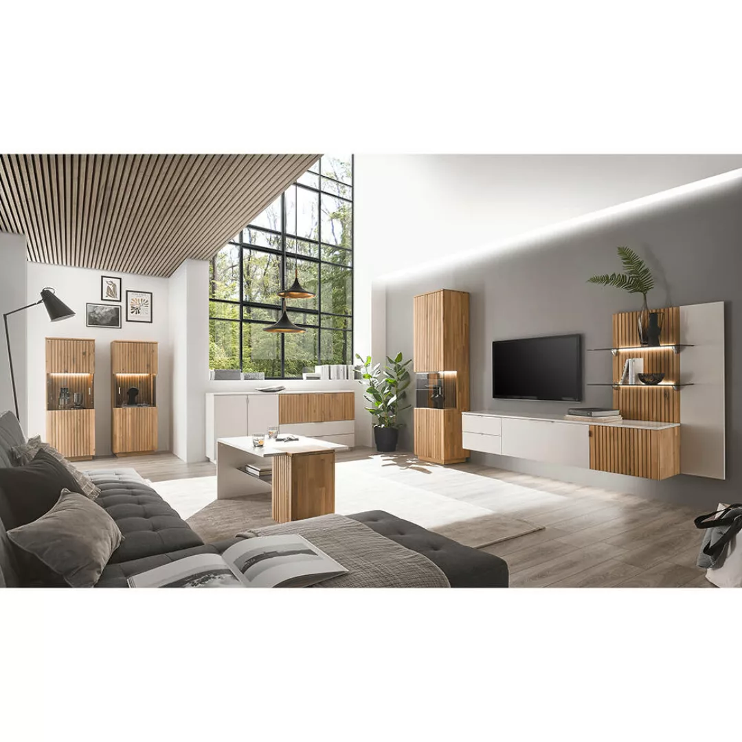 Wohnzimmermöbel Wohnwand 7-teilig weiß Eiche massiv bianco geölt LUCERA-52 günstig online kaufen