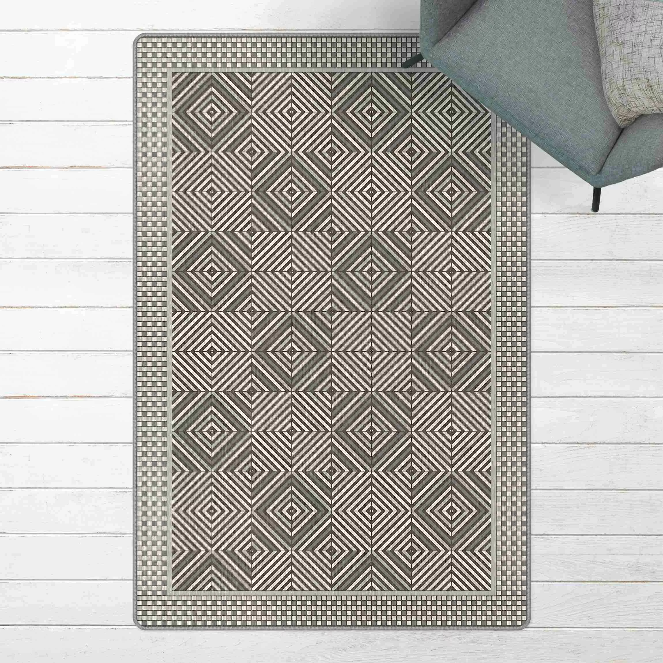 Teppich Geometrische Fliesen Strudel Grau mit Mosaikrahmen günstig online kaufen