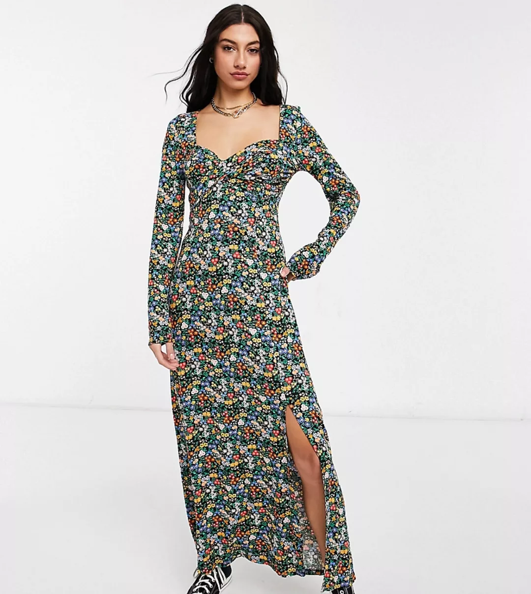 ASOS DESIGN Tall – Langärmliges Maxi-Wickelkleid mit Schlitz vorne und leuc günstig online kaufen