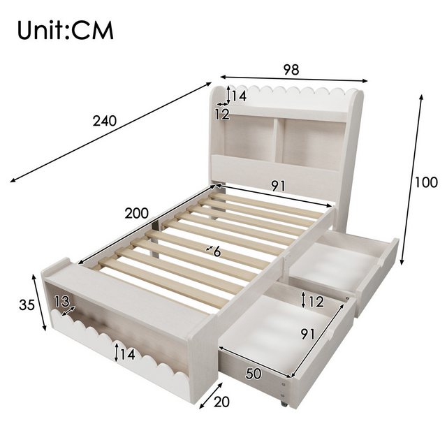 IDEASY Kinderbett 90 x 190/200 cm, Stauraumbett mit 2 Schubladen, Einzelbet günstig online kaufen