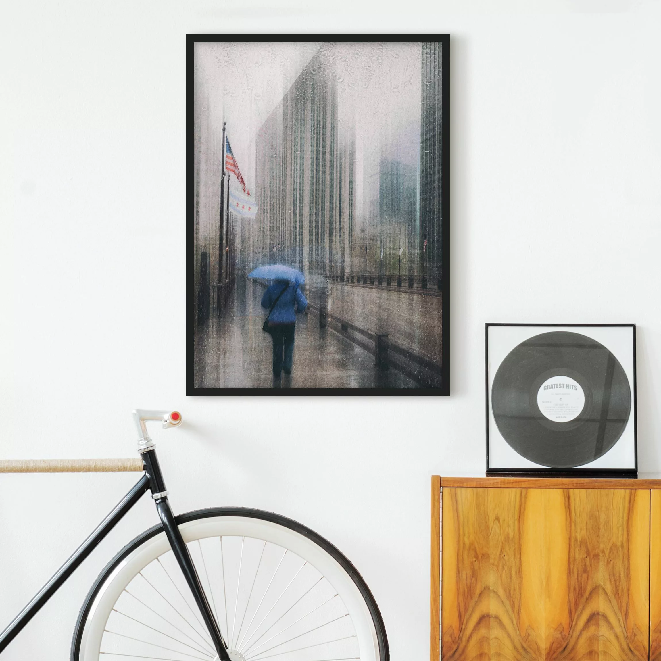 Bild mit Rahmen - Hochformat Verregnetes Chicago günstig online kaufen