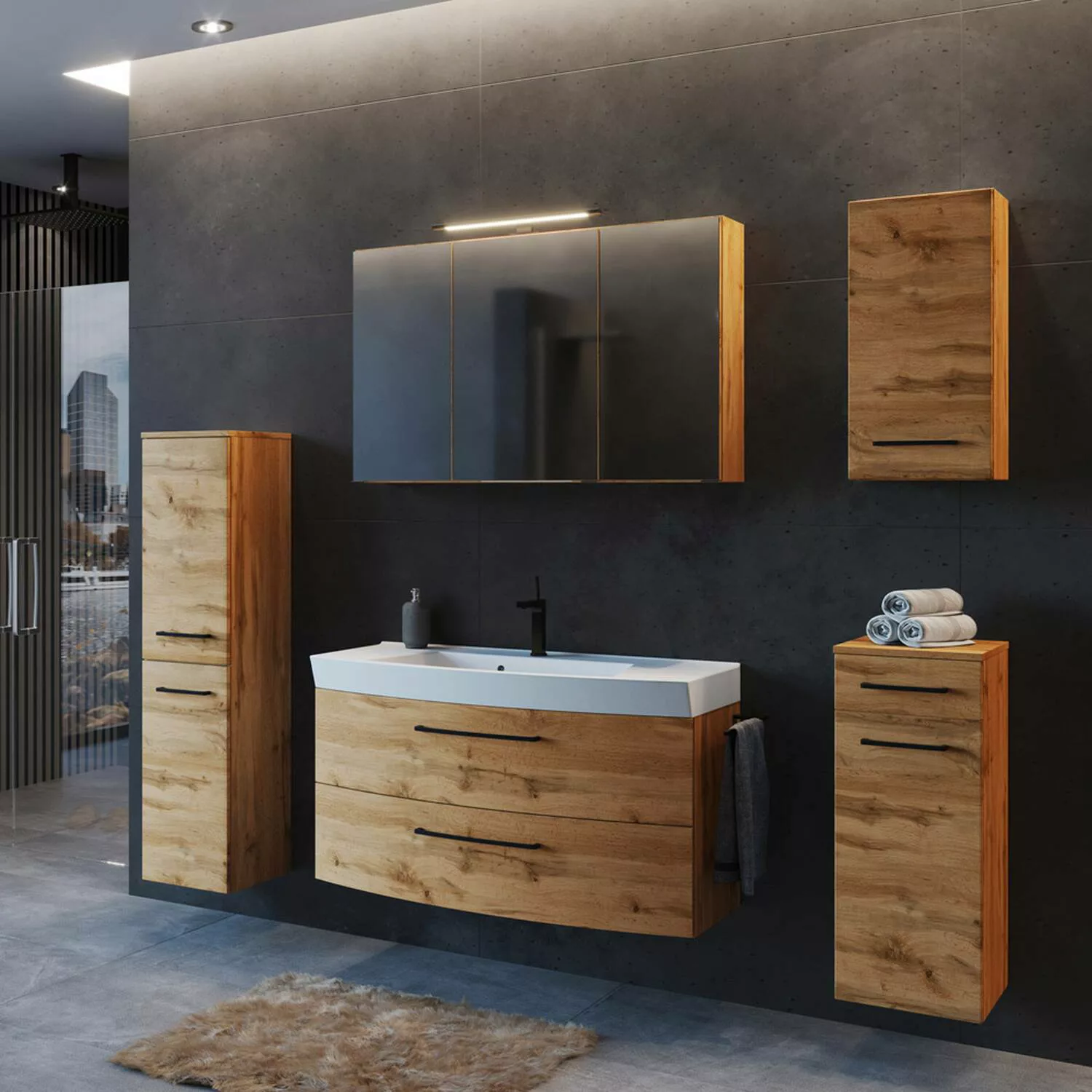 Badezimmer Möbel Set in Wotan Eiche Nb. mit 100 cm Waschtisch inkl. Waschbe günstig online kaufen