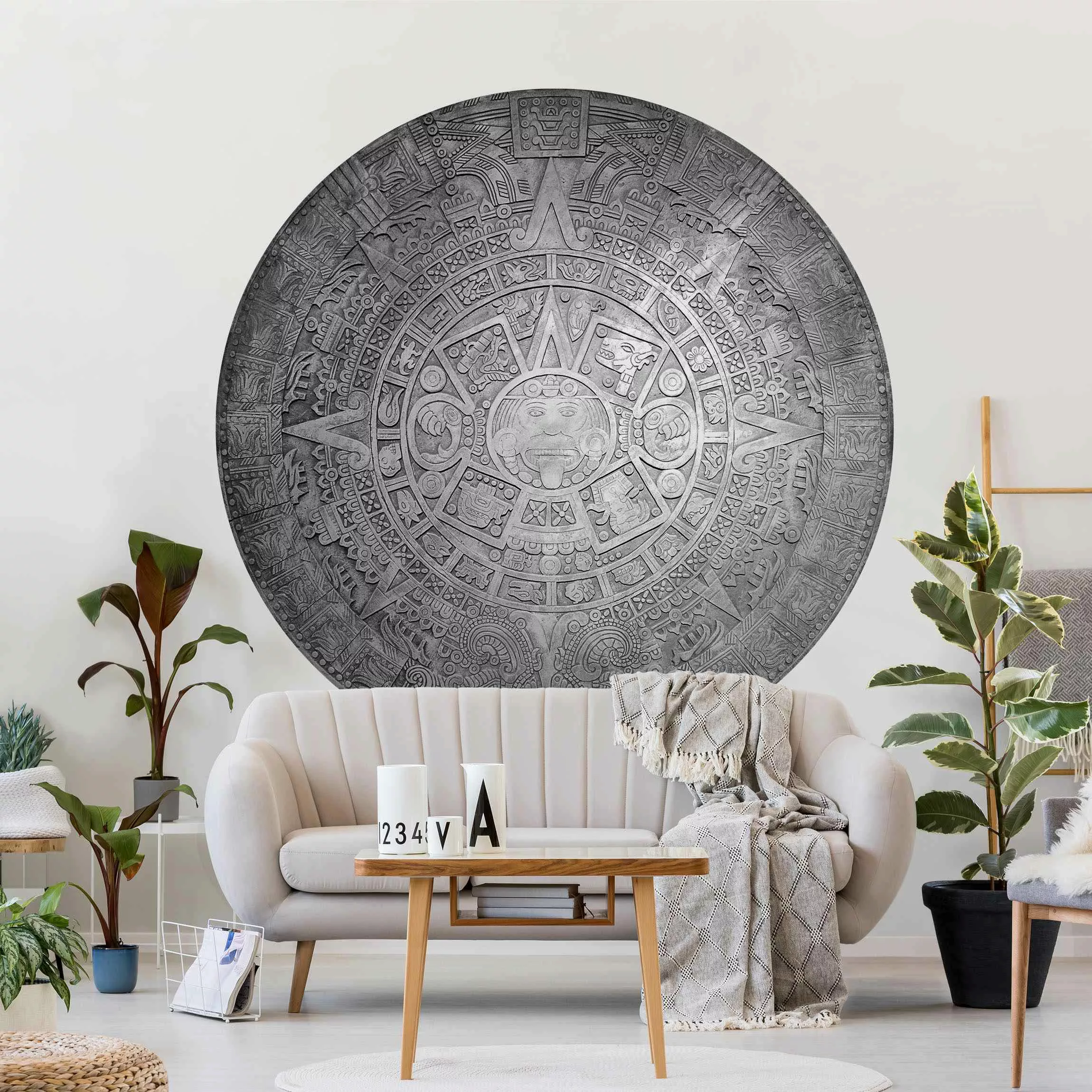 Runde Mustertapete selbstklebend Azteken Ornamentik im Kreis Schwarz-Weiß günstig online kaufen
