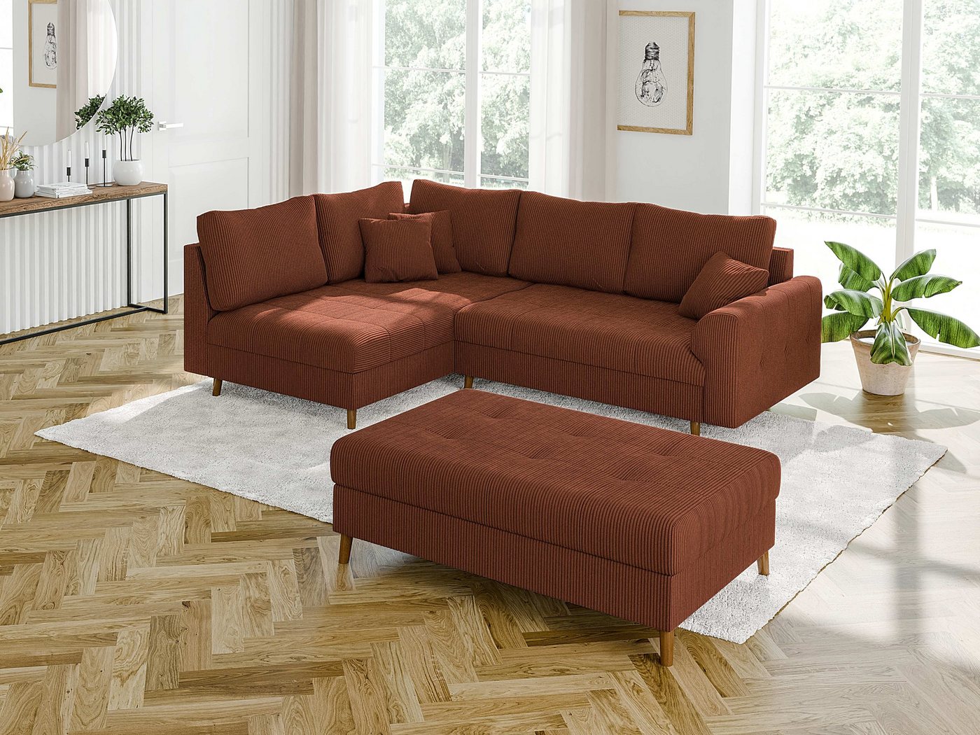 S-Style Möbel Ecksofa und Hocker Zara mit Schlaffunktion und Braun Holzfüße günstig online kaufen