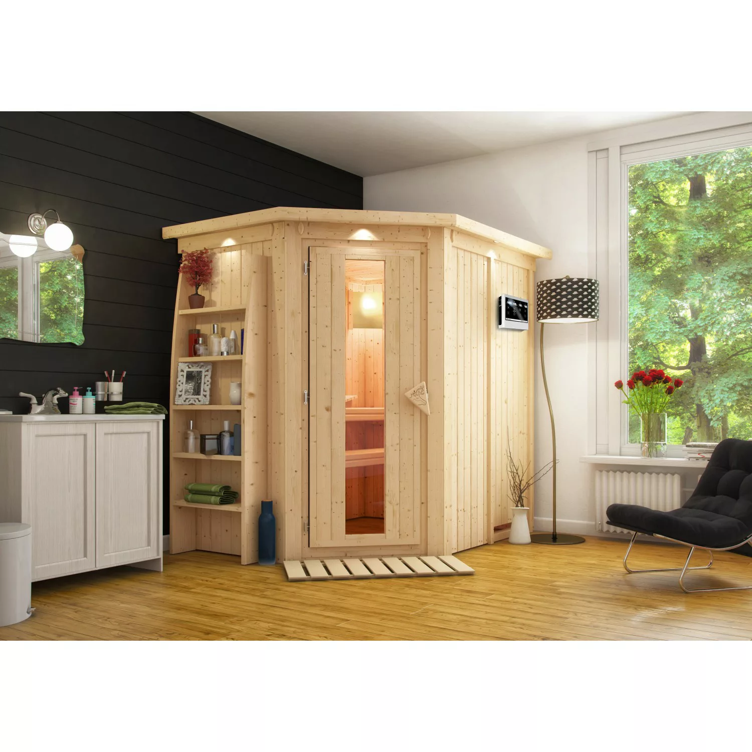 Sauna Caspa Energiesparsauna-Set Naturbel. inkl. Ofen 3,6 kW Bio ext. Strg. günstig online kaufen