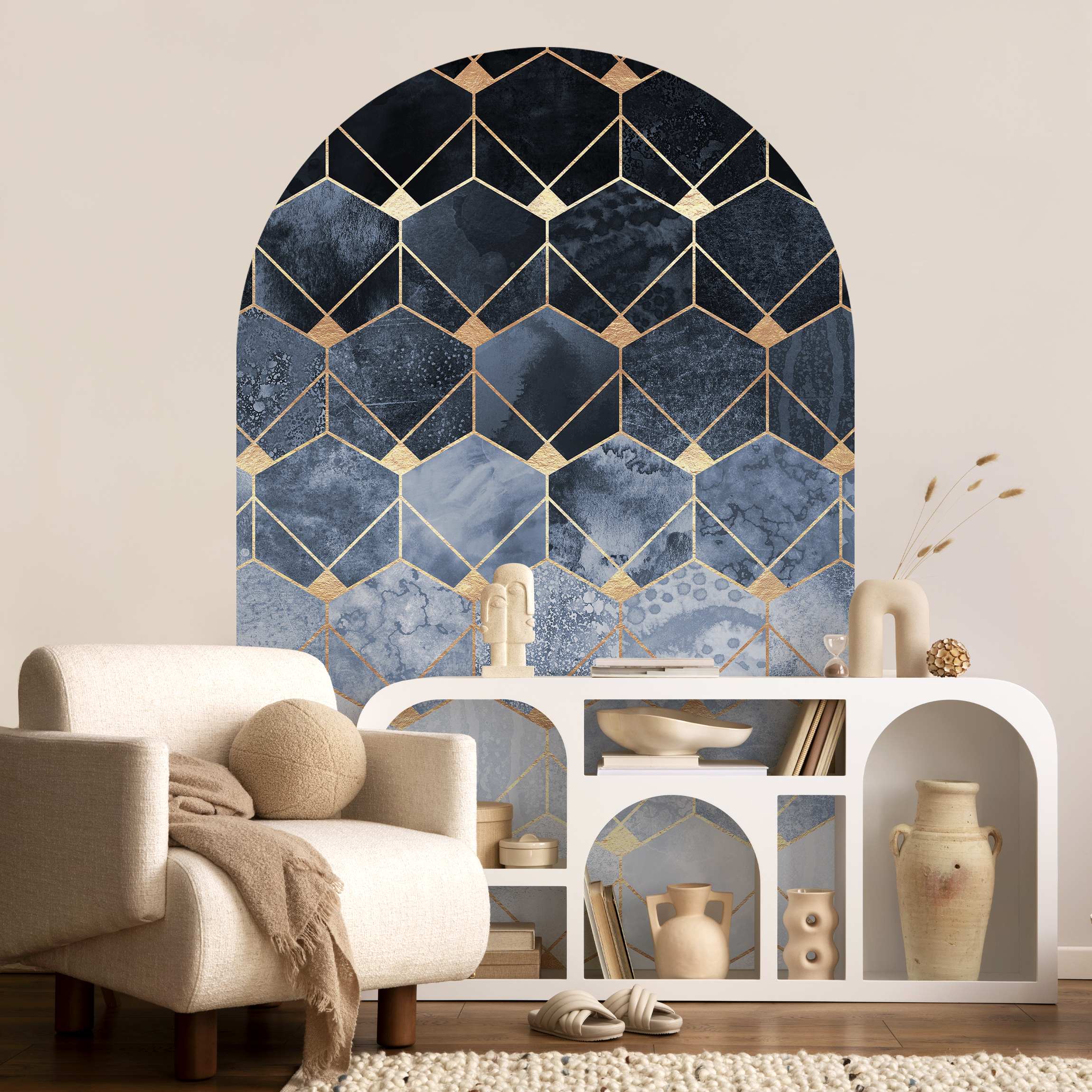 Rundbogen Tapete Blaue Geometrie goldenes Art Deco günstig online kaufen