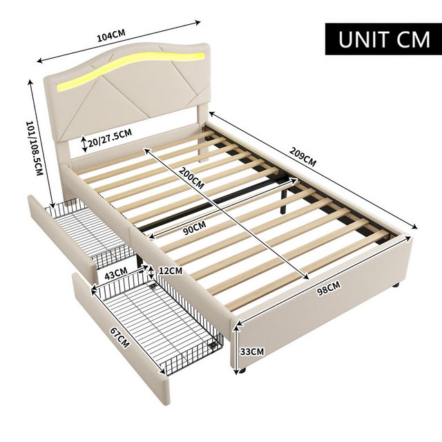 HAUSS SPLOE Polsterbett 90x200cm mit LED-Beleuchtung 2 Schubladen, Leinen, günstig online kaufen