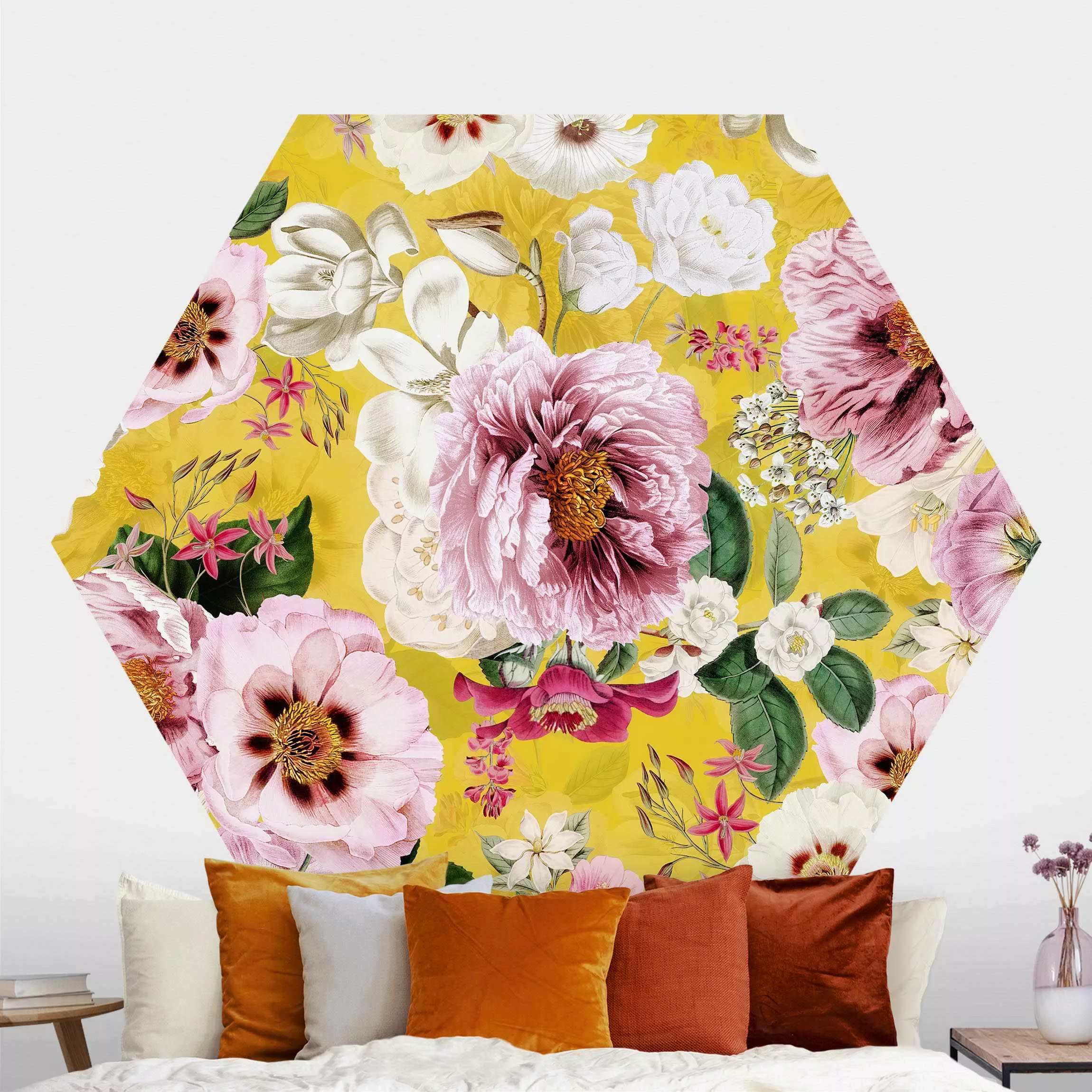 Hexagon Mustertapete selbstklebend Blüten auf Gelb günstig online kaufen