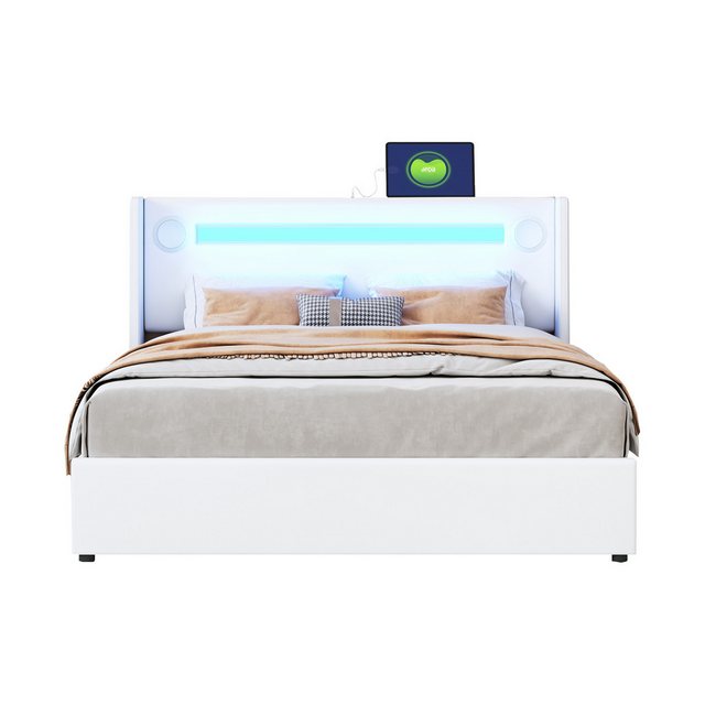 Flieks Polsterbett, LED Beleuchtung/Bluetooth/USB-Aufladen Doppelbett 140x2 günstig online kaufen