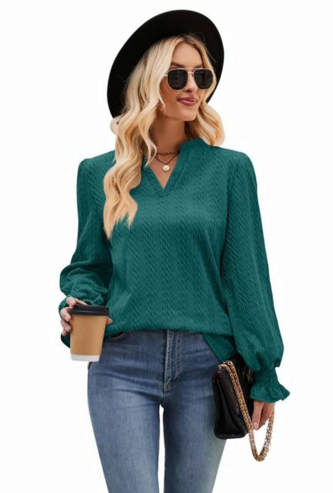 Opspring Langarmshirt Damen Bluse Elegant Langarm Pullover V-Ausschnitt Tun günstig online kaufen