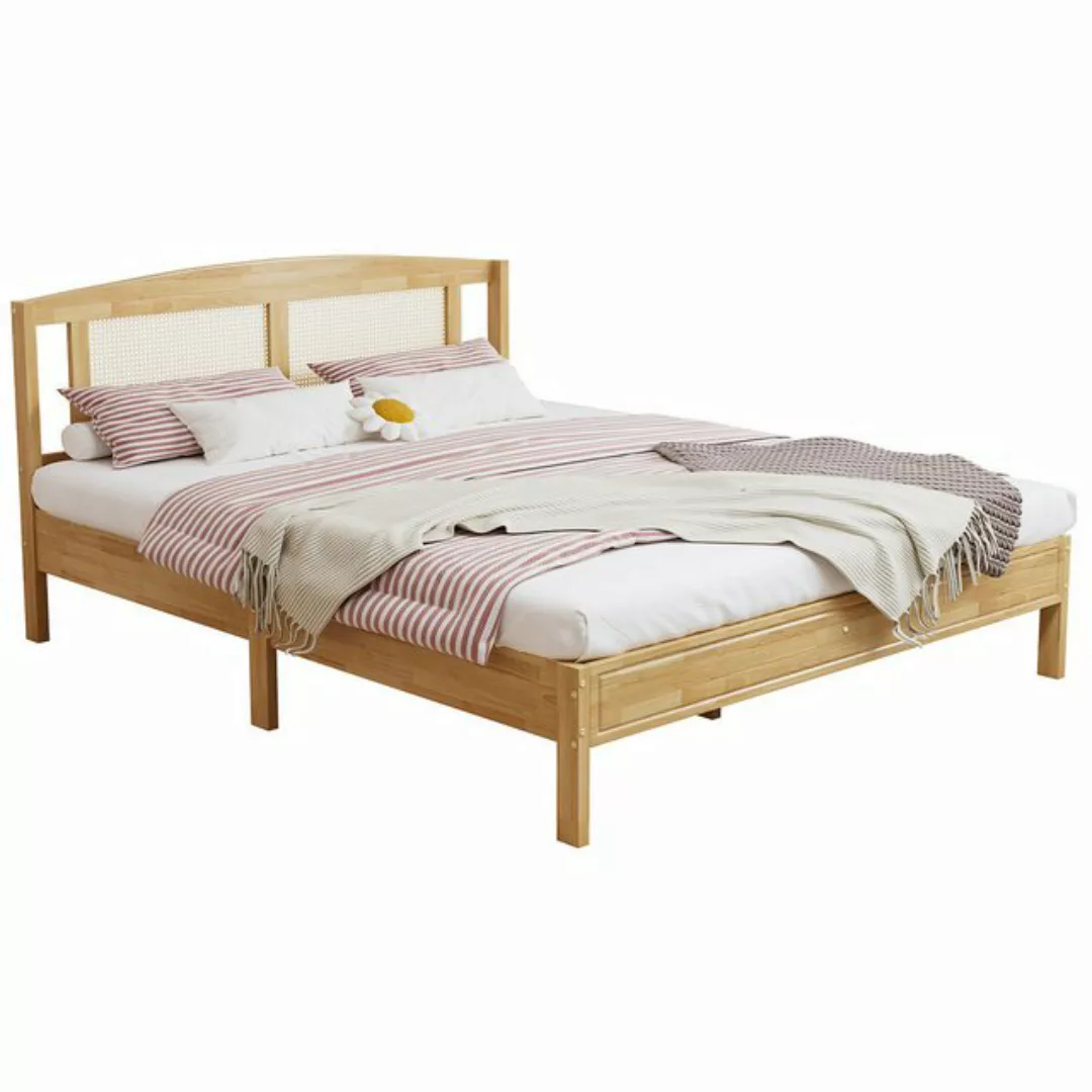 Yorbay Holzbett Doppelbett aus Kieferholz & PE-Rattan (160x200 cm), Natürli günstig online kaufen