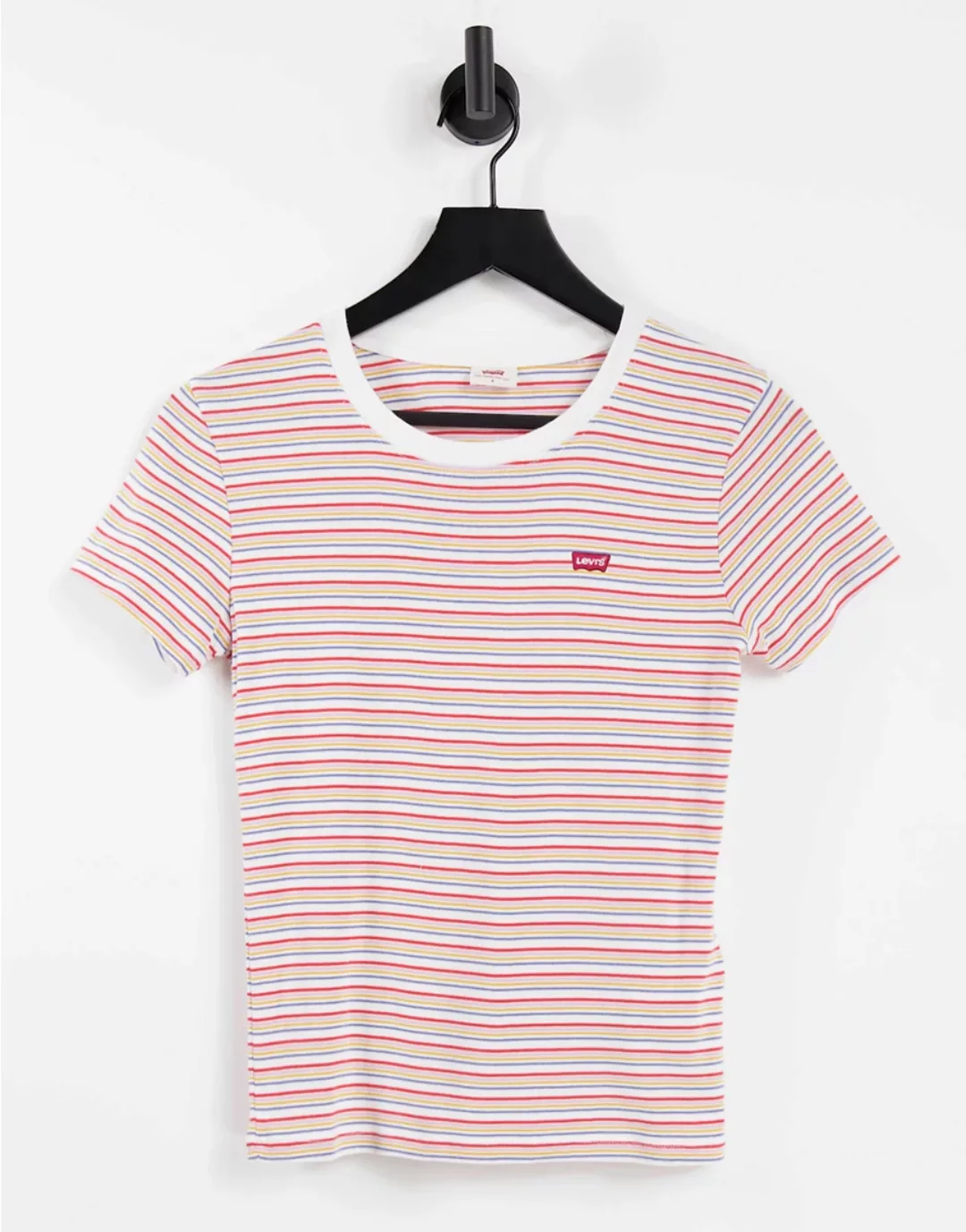 Levi's – Kurzärmliges, geripptes Baby-T-Shirt in Perlmutt-Mohnrot gestreift günstig online kaufen