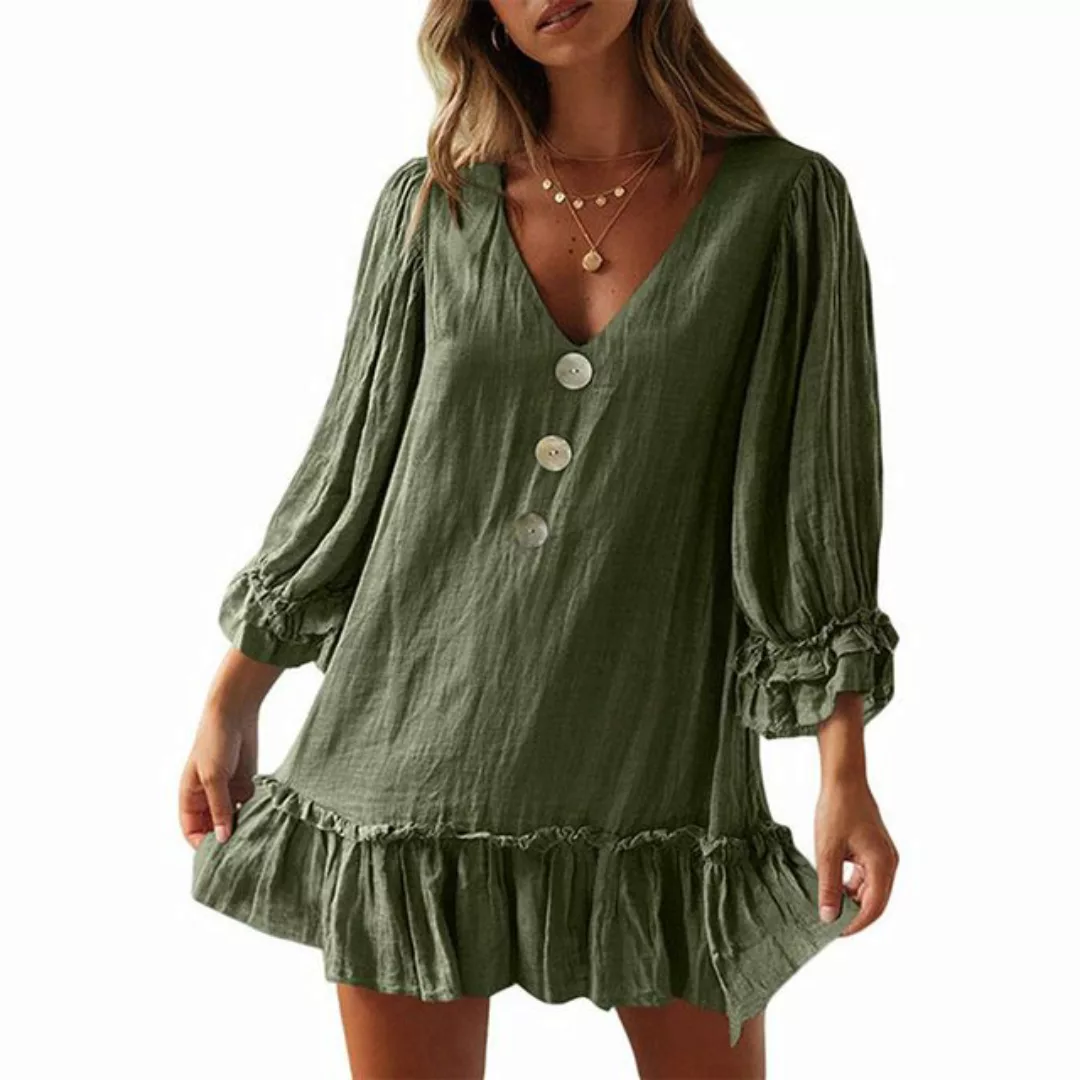 BlauWave A-Linien-Kleid Langärmeliges Baumwoll-Leinen-Kleid mit Rüschensaum günstig online kaufen