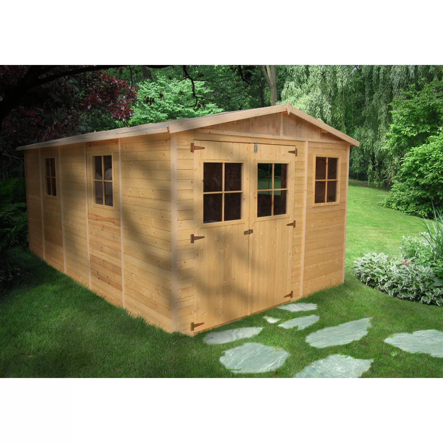 Timbela Gartenhaus Holz M337+M337G 14,94 m² mit Fenstern und Boden günstig online kaufen