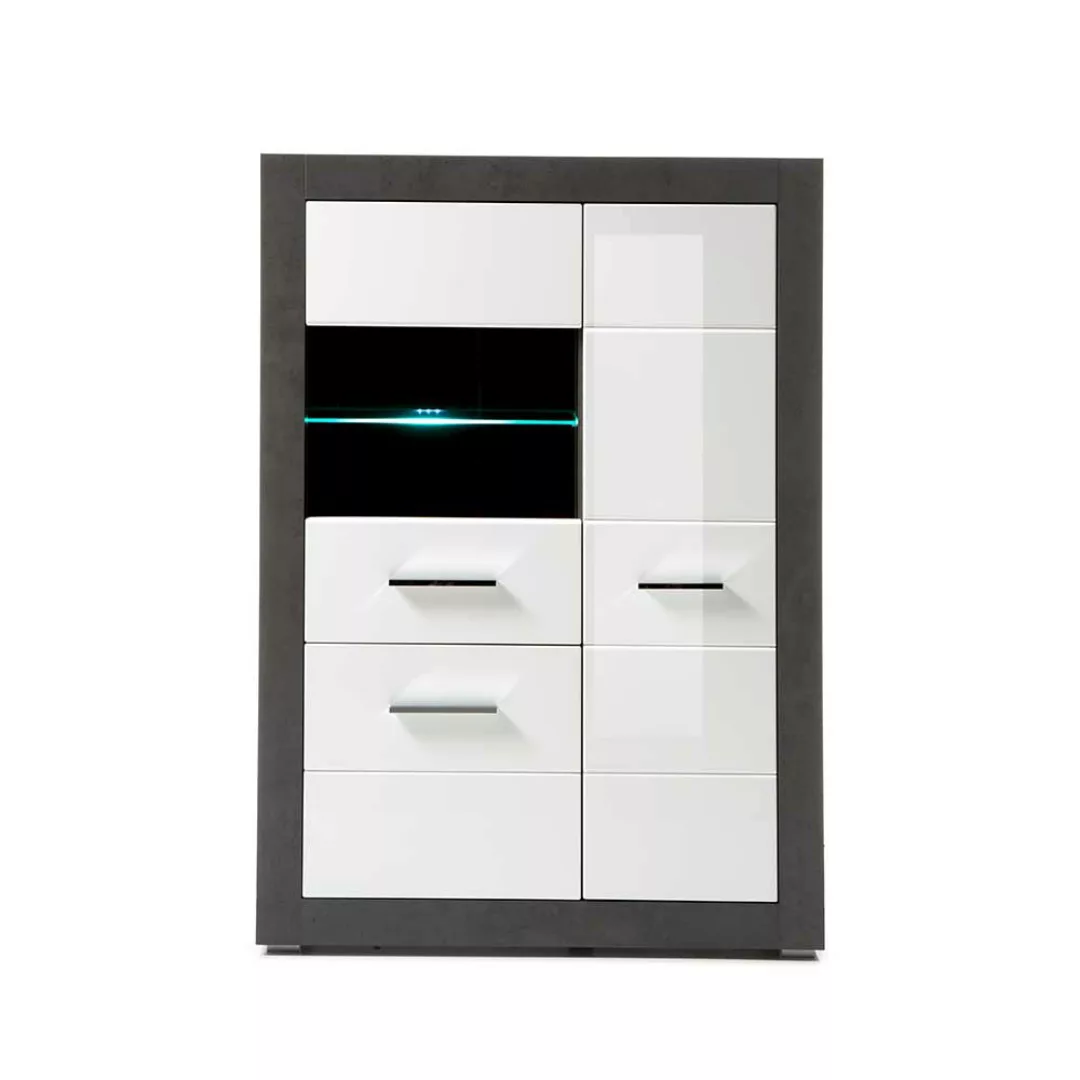 Wohnzimmer Highboard in Weiß Hochglanz und Beton Grau Glastür günstig online kaufen