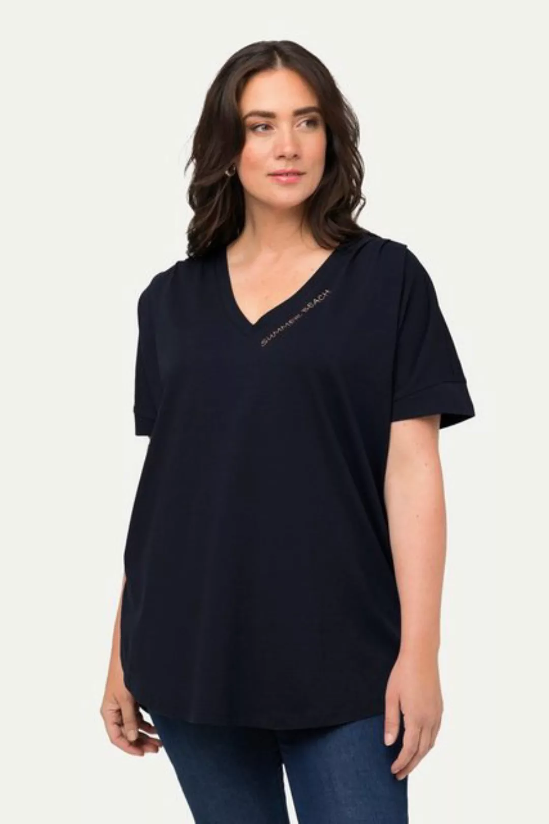 Ulla Popken Rundhalsshirt Longshirt Zierfalten Oversized V-Ausschnitt günstig online kaufen